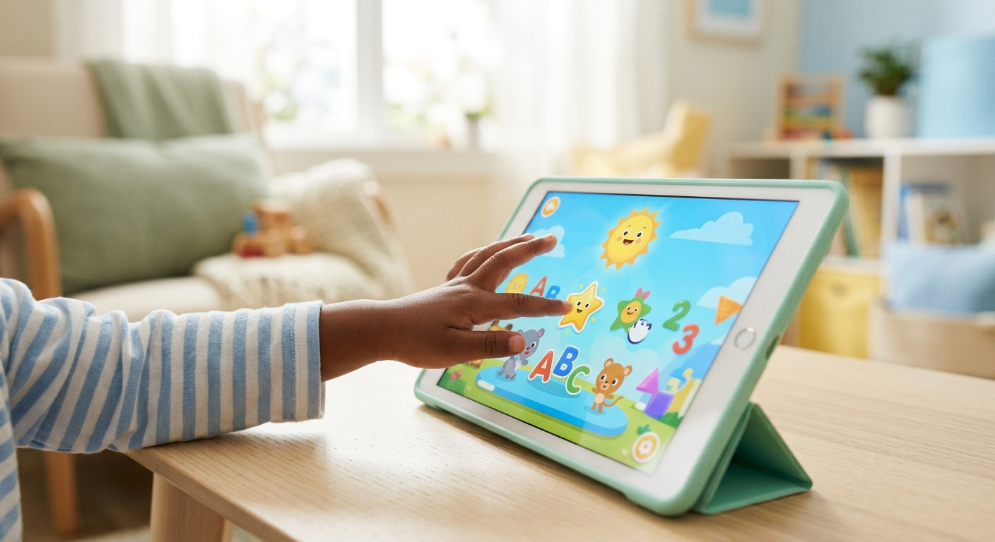 A child engaged in a fun online speech therapy session