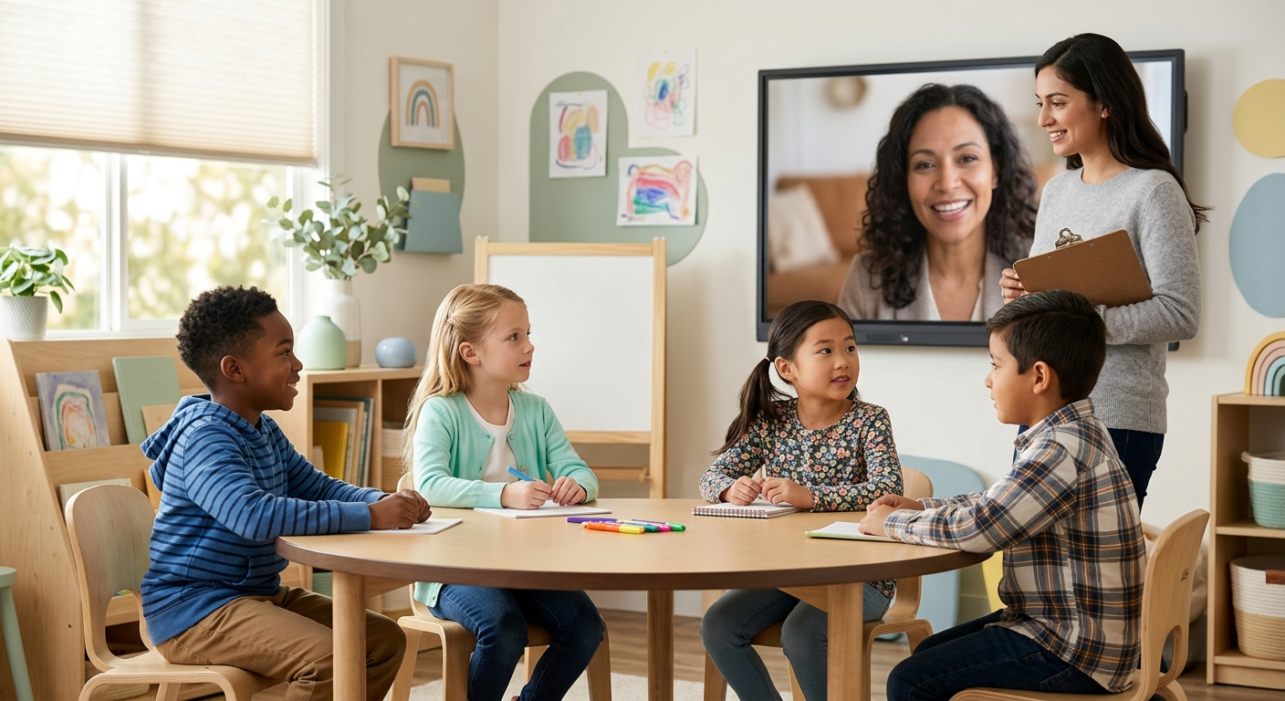 Students in a classroom participating in an online speech therapy session on a large screen