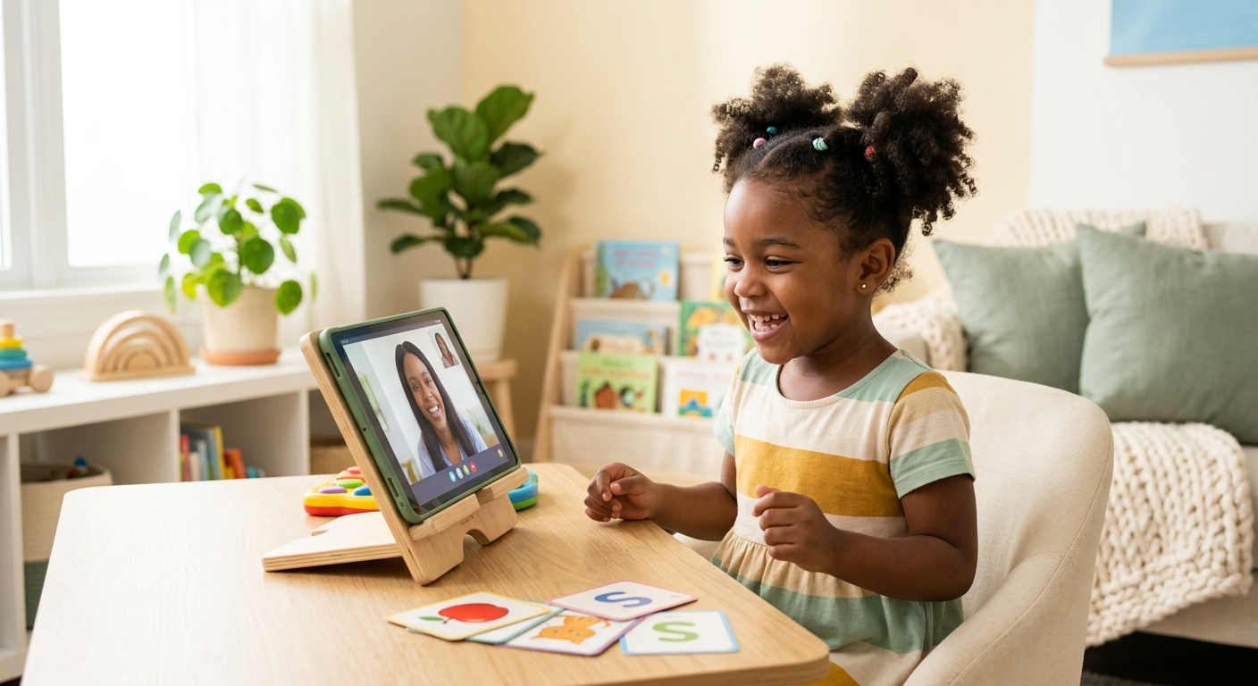A smiling young child during a fun online speech therapy session at home