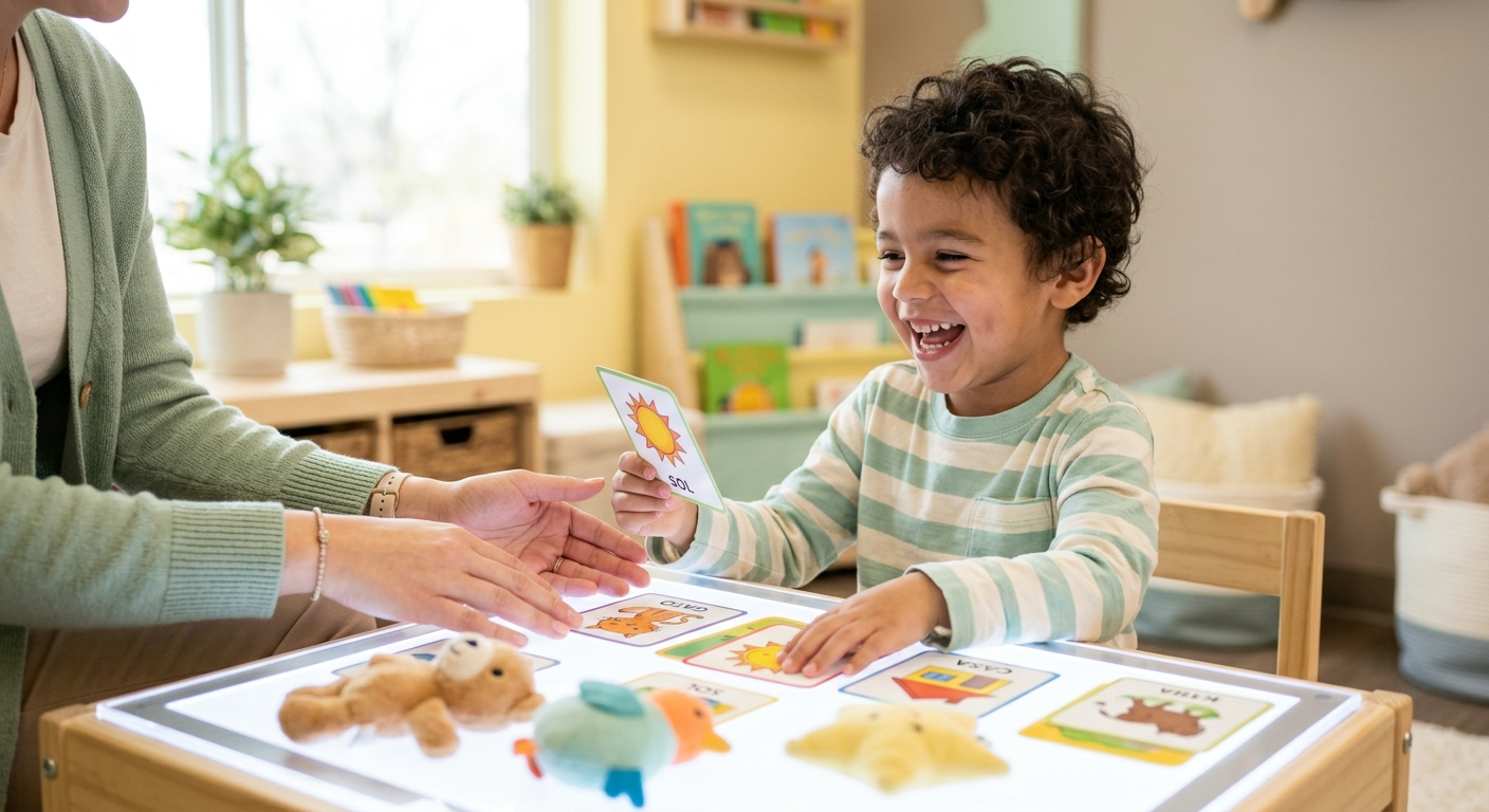 A young child laughing during a playful online speech therapy activity at home