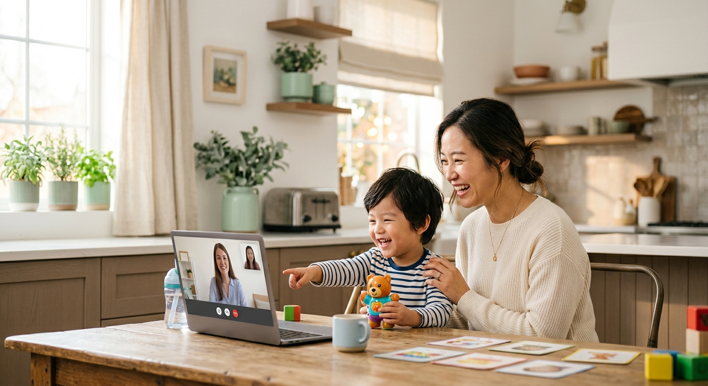A parent and young child smiling together during an online speech therapy session
