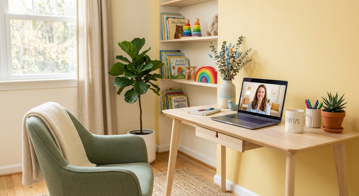 A welcoming home office set up for online speech therapy