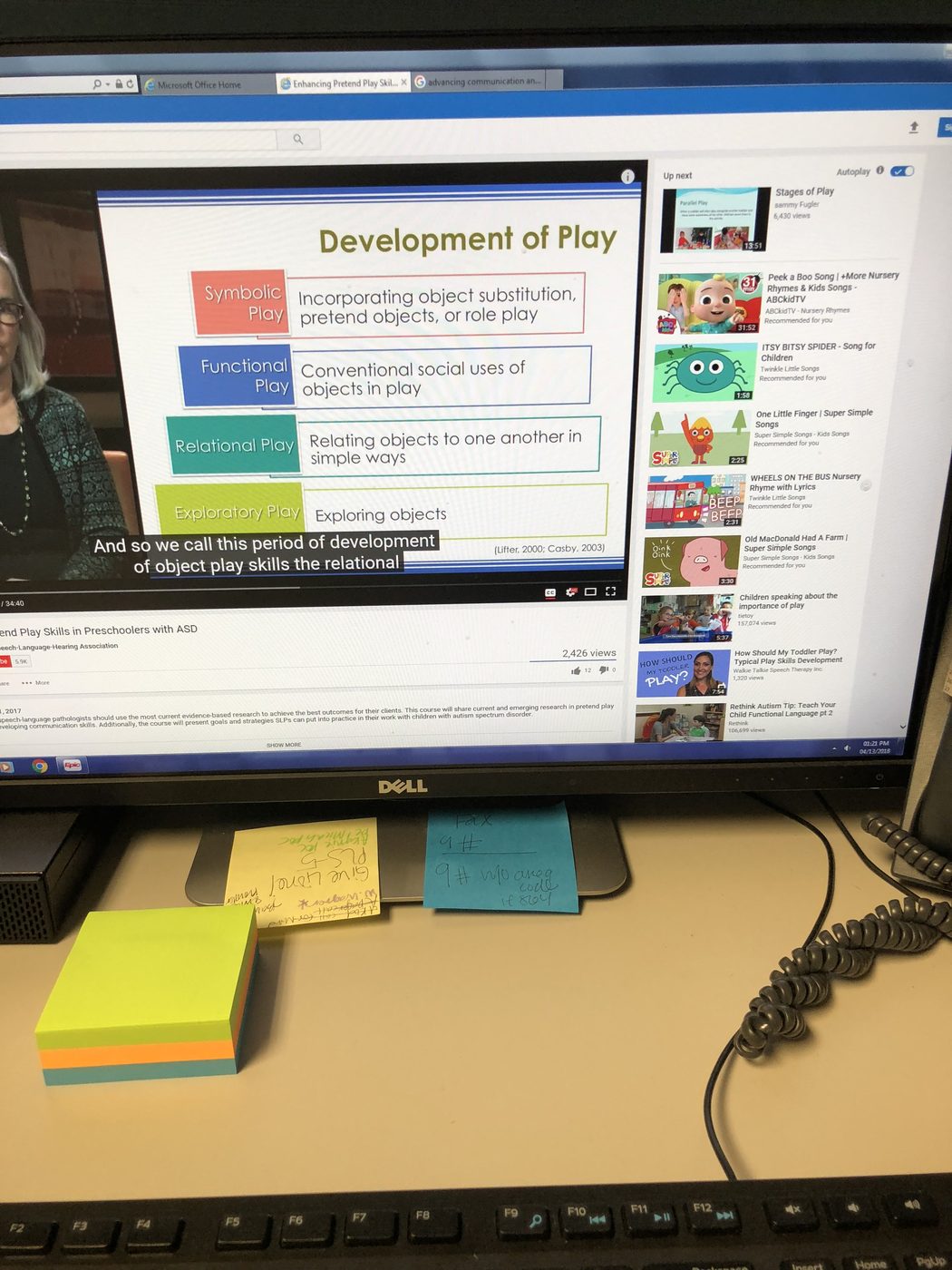 A teletherapy session screen showing play-development language goals